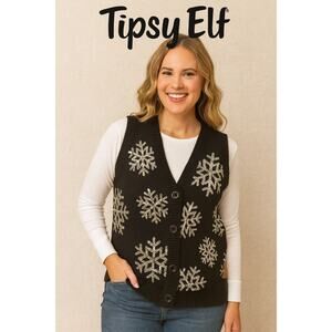 Tipsy Elves Black Sweater Vest w/Sequin Snowflakes